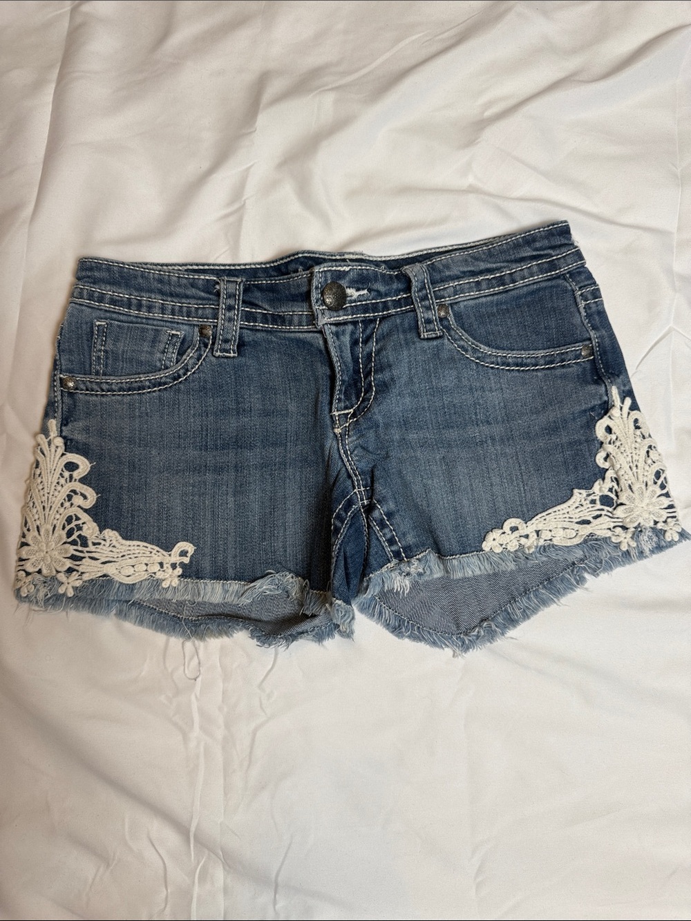 Maurices Blue Denim Shorts with White Lace Appliqué
